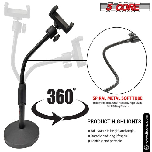 5Core Adjustable Phone Stand for Desk – Flexible Gooseneck, 360° Rotation, Heavy-Duty Metal